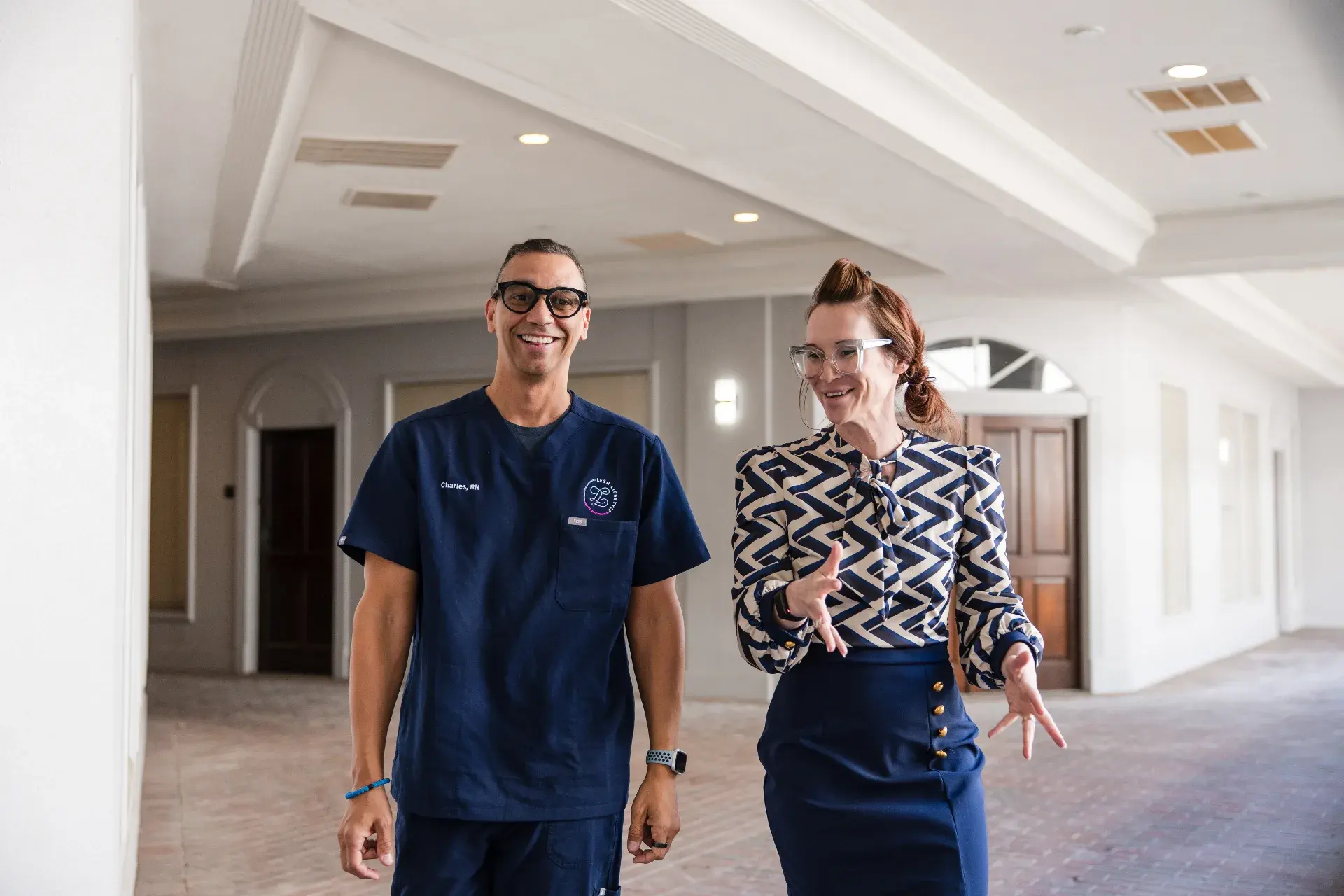 Dr. Sarah Secor-Jones and Charles Jones, RN, in the Lesh Lifestyle clinic corridor